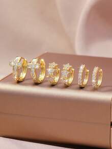 6pcs Set Elegant Luxury Cubic Zirconia Earrings For Women, 18K Gold Plated Copper Cross, Star, Fish Tail, Plain Circle Design, Suitable For Dates, Parties, Gifts - Gold - View 4