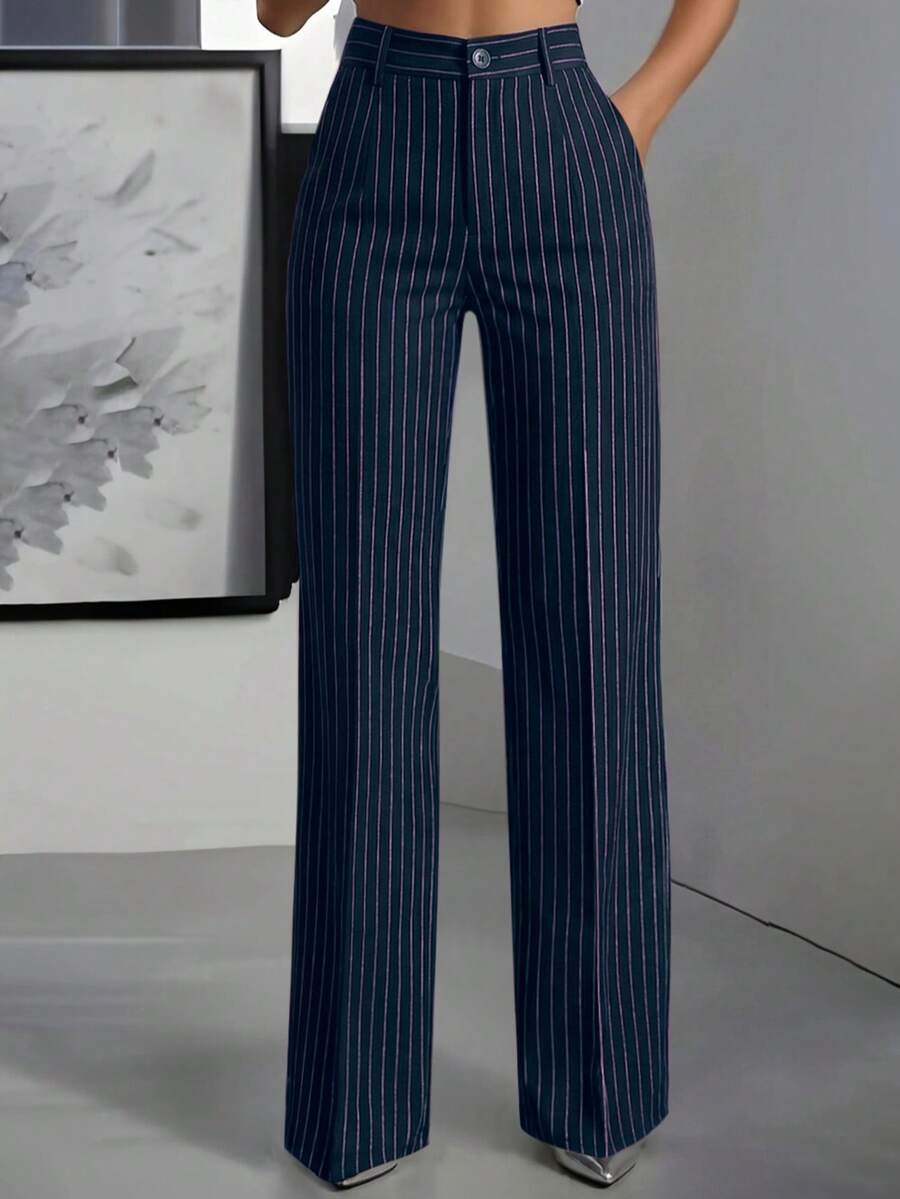 Women's Casual Elastic Waist Striped Pants, Navy Blue And Pink, Spring/Summer - Navy Blue Vermicelli - View 1