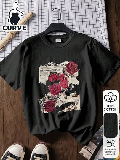 玫瑰印花加大码休闲纯棉短袖上衣，面料柔软，街头风设计灵感源自东方美学和米兰时尚，100%优质纯棉短袖T恤，返校穿搭灵感，开学第一天必备单品，2026返校时尚