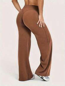 Women's Minimalist High Waist Wide Leg Pants, Casual Comfortable Sports Leggings, High Elastic Flare Commuting Yoga Pants, Women's Sportswear, Knit Fabric, Elastic Comfort, Suitable Daily Wear And Sports, Flare Tight Pants, Women's Sports Pants Spring - Màu Tím - Xem 6