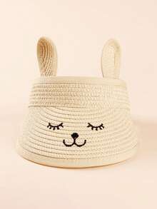 1pc Kids Girls Cute Rabbit Ear Embroidered Breathable Woven Open-Top Sun Hat, Suitable For Outdoor, Beach, Daily Wear In Summer - 1PC - View 5