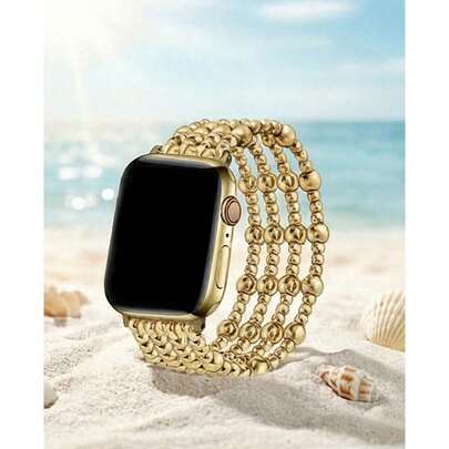 1pc Unisex Handmade Beaded Elastic Watchband, Gold Color, Stainless Steel Material, Fits 38/40/41/42/44/45/46/49mm Watch Dial Size, Compatible With Apple Watch Ultra1/2/3/SE/11/10/9/8/7/6/5/4/3/2/1 Series (Watch Not Included), Fashionable Handcraft