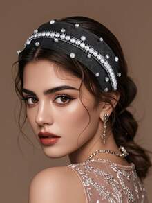 1pc Handmade Exquisite Crystal & Pearl Headband, Suitable For Summer Wedding Bridal Hairstyle, Vacation, Party, Banquet, Ball, Holiday Events - Black - View 2