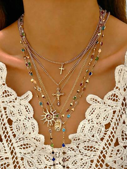 6件套Y型项链套装，时尚简约优雅复古几何十字架、人像、太阳、彩色水晶闪亮吊坠项链，多层Y型金属链，适合节日、派对、日常佩戴，亦可作为礼物。
