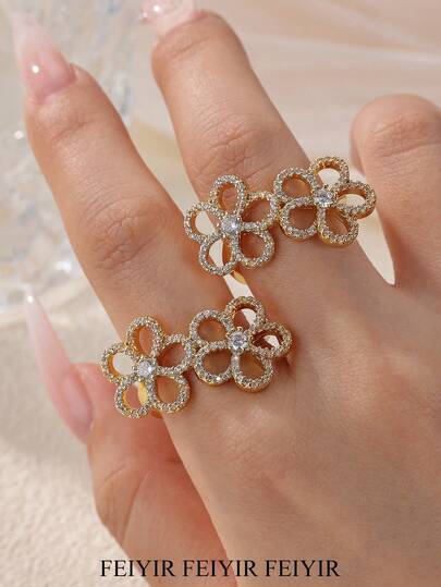 Luxuriöser Ring mit zwei großen Blumen aus kubischem Zirkonia für Frauen und Mamas, goldfarbener wasserfester verstellbarer CZ-Ring, Schmuck für Sommer, Strand, Hochzeit, Abschlussball, exquisites Geschenk zum Jahrestag und Geburtstag