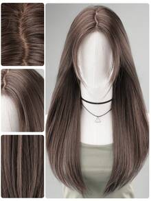 1pc Synthetic Heat-Resistant Straight Wig, Brown/Red/White, Middle Part Bangs, 26 Inch Long, Fully Machine Wefted Natural Looking Wig For Daily Wear - Multicolor - View 3