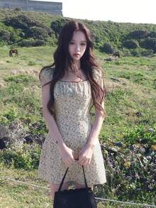 碎花領口收腰中長洋裝，女性化法式風格短袖夏季優雅洋裝 - 杏色 - 查看 5