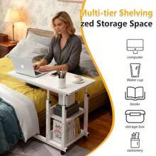 Doublelayer Metal Foldable Desk With Wheels Storage Rack Adjustable Height And Spacious Tabletop Versatile For Studying Working And Relaxing Perfect For Bedrooms Living Rooms & Offices, Bedside Table. - 白色 - 查看 2