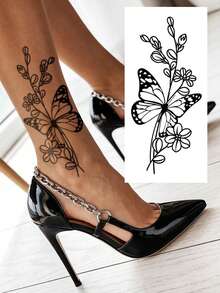 春季花卉蝴蝶临时纹身贴纸 - Y2K风格，适用于手腕、脚踝、肩膀、脖子、锁骨，防水，逼真纹身贴纸，适合DIY、动漫、嘉年华、音乐节、情人节、派对礼物 - 黑色 - 查看 13