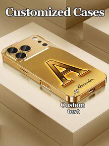 1pc Customizable Illuminated Large 3D Gold Letter Design Electroplated Tempered Glass Phone Case, Suitable For IPhone 17 Pro Max/17 Air/16/15/13/12/11/XS Max/6 7 8 Plus, Luxury Gold Finish, High-End Business Custom, Elegant Fashion, Built-In Lens Protector, Ideal For Holiday Gifts, Birthday Presents, Couples, Pets, Friends, Classmates, Siblings, Family - Gold - View 3