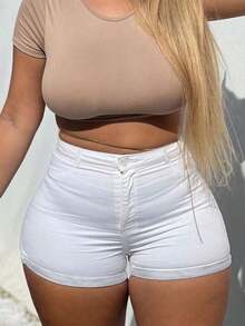 Women's Summer Fashionable High Waist Cuffed All-Match Versatile Denim Shorts Casual Black - White - View 6