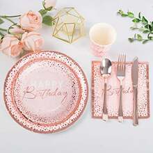 175PCS Happy Birthday Plates And Napkins Party Supplies Paper Pink And Rose Gold Plastic Forks Knives Spoons Serve 25 Guests For Girl Women - 粉紅色和玫瑰金 - 查看 4