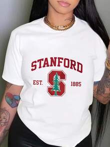 Women's Graphic Oversized Crewneck Cotton T Shirt,  Stanford Established 1885 Tree Logo Casual Wear, Spring Short Sleeve Loose Fit Tops, Summer Fashion Basic Tees, Funny Clothes Black White Options, Party Gift For Women - trắng - Xem 1