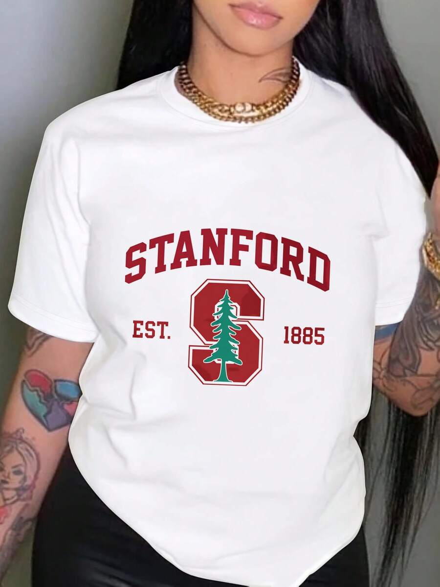 Women's Graphic Oversized Crewneck Cotton T Shirt,  Stanford Established 1885 Tree Logo Casual Wear, Spring Short Sleeve Loose Fit Tops, Summer Fashion Basic Tees, Funny Clothes Black White Options, Party Gift For Women - trắng - Xem 1