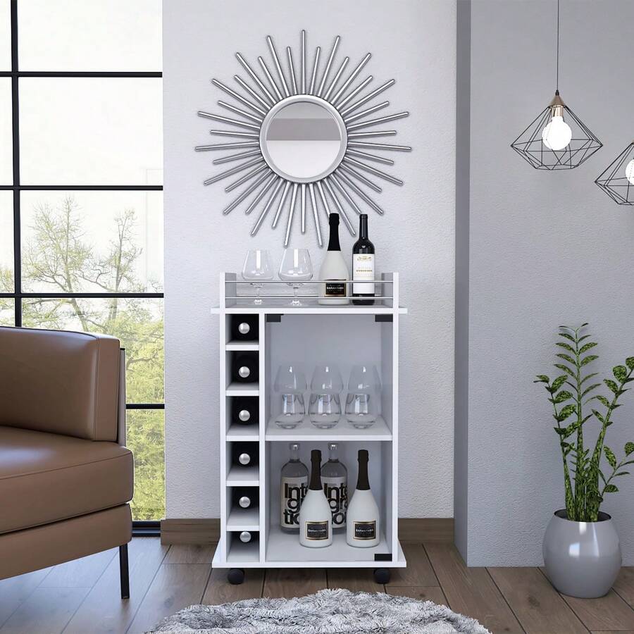 Carrito de Bar Vegas, Mueble de Dos Niveles con Puerta de Vidrio, Seis Compartimentos para Licores en el Interior - Negro + Tablero de partículas + Melamina - Ver 1