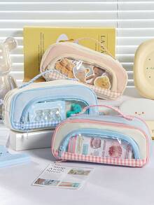 1pc Cute Transparent Window Portable Pencil Bag, Portable Large-Capacity 4-Layer Storage, Contrast Color Design Stationery Pouch, Transparent Compartment, Corduroy Material For Primary School Students - Multicolor - View 2