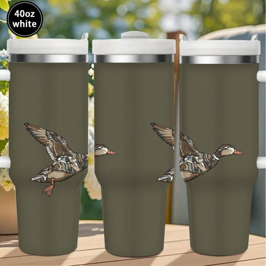 1pc 40oz Hand-Drawn Illustration Style, Flying Ducks, Brown And White Feathers Tumbler With Lid And Straw, Winter Insulated Travel Mug, Gift For Women Men, Ideal For Valentine's Day, Easter, Birthday Gift, Iced/Hot Coffee Cup - 40oz-trắng - Xem 1
