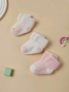 3雙嬰兒女孩粉色可愛保暖短筒毛絨襪,冬天必備 - 彩色 - 查看 7