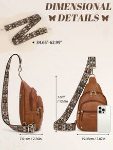 时尚斜挎包，男女通用斜挎胸包，小巧PU皮革轻便斜挎手机包，带耳机孔的防盗旅行胸包，棕色 - 彩色 - 查看 4