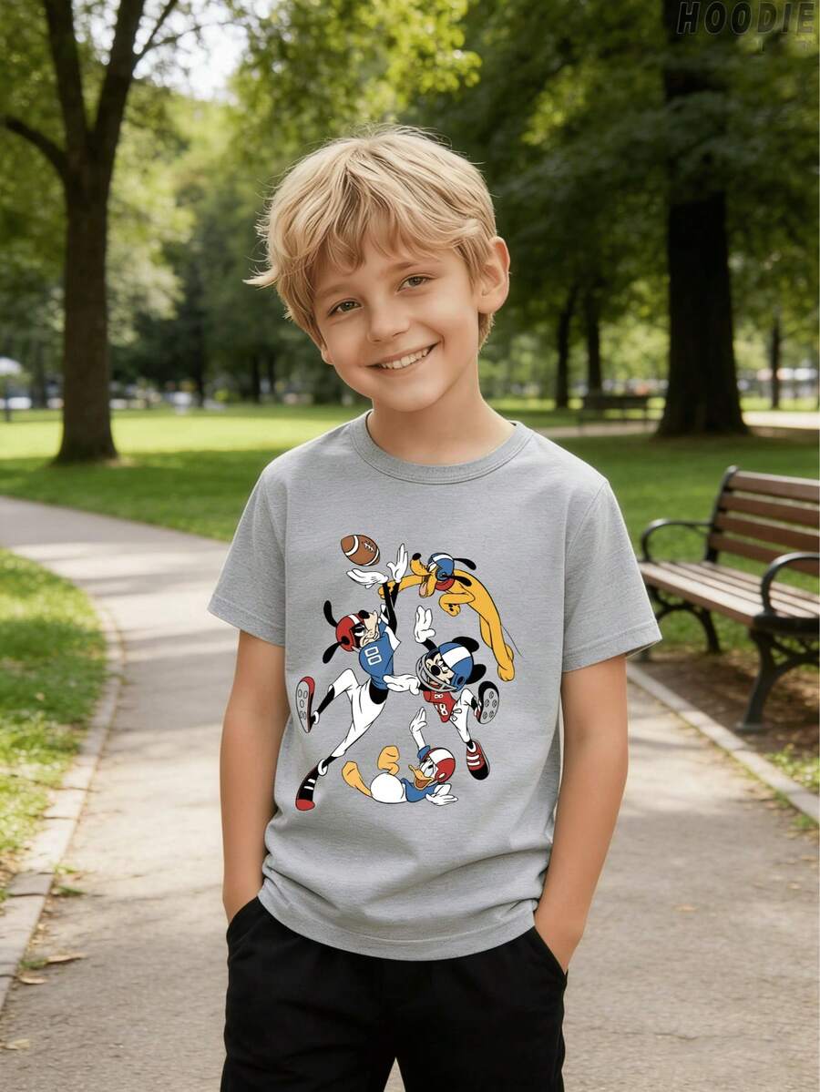 Disney Mickey Mouse, Goofy, Donald Duck & Pluto Boys Short Sleeve T-Shirt | Kids American Football Graphic Tee For 2-14 Years Old | Casual Crew Neck Top For Play, School & Game Day Express Delivery - Xám - Xem 1