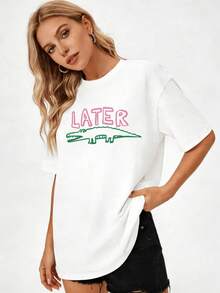 Women's Funny Later Gator T-Shirt - Sarcastic "Later" Crocodile Graphic Tee In White & Pink - Lightweight Everyday Shirt For Women - Machine Washable Casual Top, Allseason Apparel, Playful Graphic Shirt, Comfortable Fit ShirtBreathable All-Season Round Neck Printed T-Shirt - 白色 - 查看 2