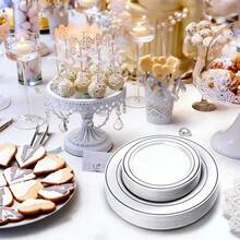 Bộ 25 đĩa đế trắng viền bạc kép, mạ vàng, chất lượng cao, phục vụ 25 khách, bao gồm 25 đĩa ăn chính đường kính 10,25 inch và 25 đĩa tráng miệng đường kính 7,5 inch, thích hợp cho đám cưới, tiệc tùng, tiệc chiêu đãi. - Nhiều màu - Xem 5
