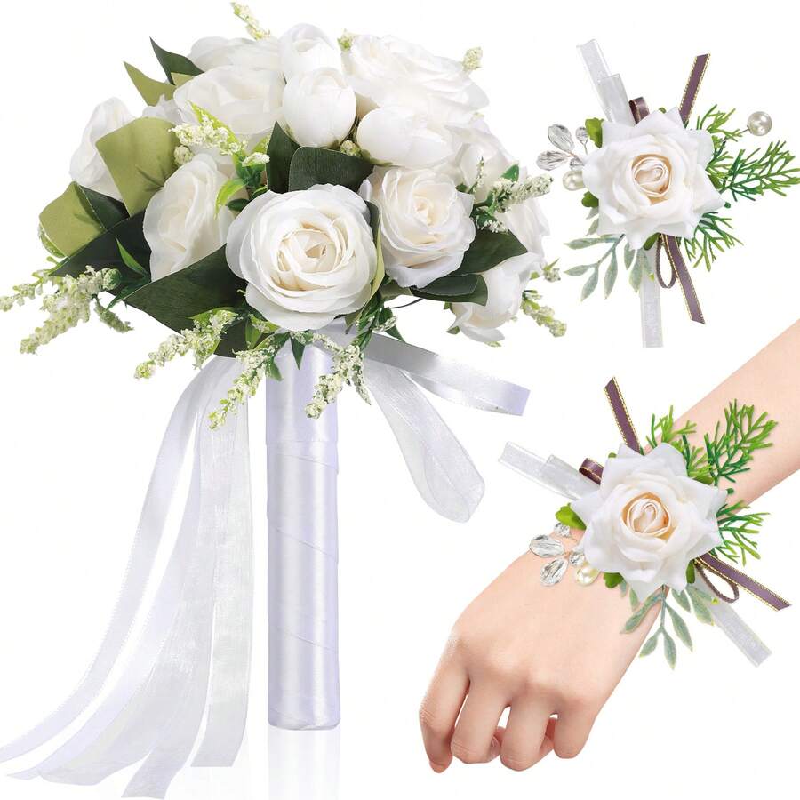 Wedding Bouquets Set Of 3, Wedding Bouquets For Bride, Wedding Bouquet Bridesmaid, Bridesmaid Holding Flowers For Wedding Decoration, White Wedding Flower Bouquets White Floral Bouquet Rose Bouquets With Ribbon - 3 - 查看 1