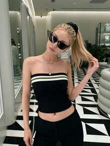 Top tricoté sexy sans bretelles, à dos nu et rayé, noir, pour l'été - Noir - Voir 2