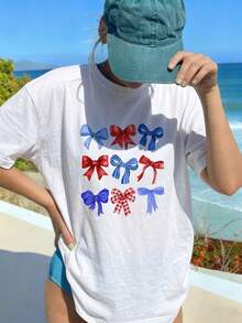 Patriotic Red White Blue Bow Graphic Round Neck T-Shirt - Viral Cute Aesthetic Must-Have, Suitable For July 4th Celebration, Capturing American Holiday Joy And Bow Fashion Ultimate Viral Item - White - View 5