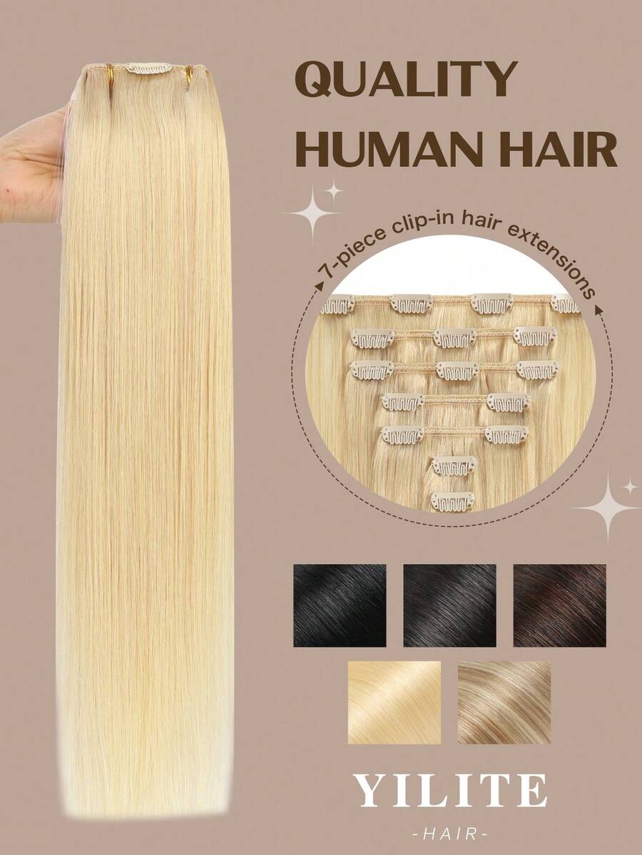 YILITE 7片装 #613 漂白金发夹式接发片，真人发丝，Remy真人发，双层缝制直发夹式接发片，女士适用 - S613 - 查看 1