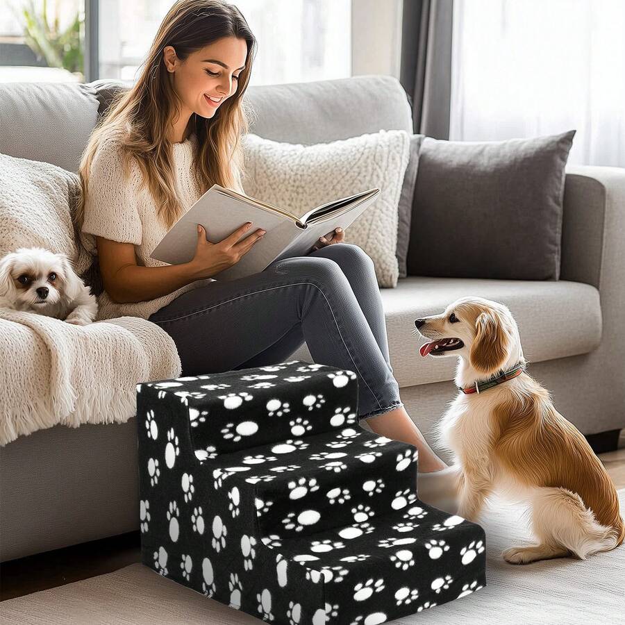 3-Step Pet Stairs For Bed 45*35*30cm – Non-Slip Dog Steps With Washable Plush Cover, Pet Ladder For Small Dogs & Cats - Black - View 1