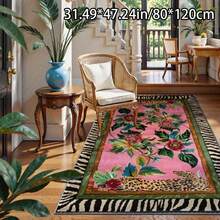 1 Velvet Floral Area Rug - Vibrant Pink, Green, And Blue Floral Design With Black Leopard Print Border, Soft And Skin-Friendly, Comfortable To The Touch. Machine-Washable Polyester Velvet Carpet, Suitable For Living Rooms, Bedrooms, And Outdoor - Nhiều màu - Xem 4