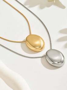 Set de 2 collares con colgante ovalado geométrico de cadena de serpiente minimalista, adecuado para uso diario y eventos formales - Amarillo dorado + plata - Ver 2