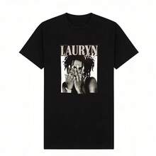 Sommerkleidung für Frauen aus weicher Baumwolle, lässiges T-Shirt mit Rundhalsausschnitt, legendäre Sängerin Lauryn Hill und Porträt-Muster-Muster. - Schwarz - Übersicht 2