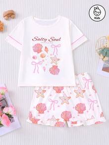 2件套女童海洋风贝壳海星印花睡衣套装，“Salty Soul”甜美儿童睡衣，短袖上衣搭配宽松弹力腰荷叶边短裤，时尚少女装，适合日常穿着、派对和聚会。 - 白色 - 查看 12