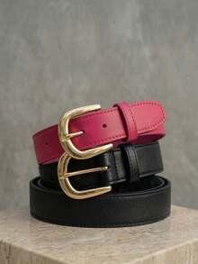 Women's Belt Set With GABI Gold Metallic Buckle In Minimalist Faux Leather - Merah muda dan hitam - View 1