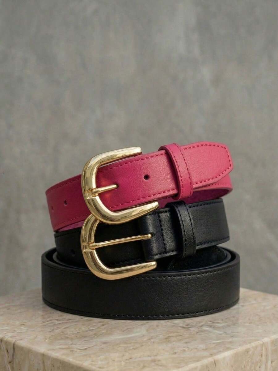 Women's Belt Set With GABI Gold Metallic Buckle In Minimalist Faux Leather - Merah muda dan hitam - View 1