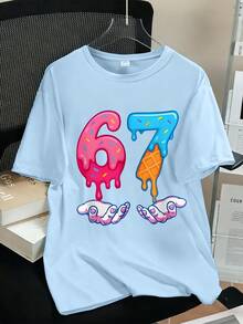 2pcs/Set Girls Creative 67 Print T-Shirt + Shorts, Spring/Summer New Outdoor Casual Wear, Comfortable Fit With Interesting Elements, Suitable For Cute & Sweet Daily Looks - Baby Blue - View 3