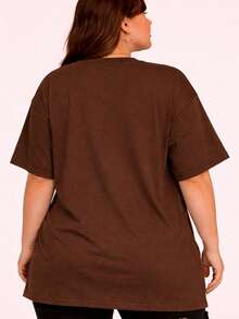 Kit 2 T-Shirts Women's Plus Size Plain Round Neck Fashion  Oversized - 棕色和酒紅色 - 查看 4