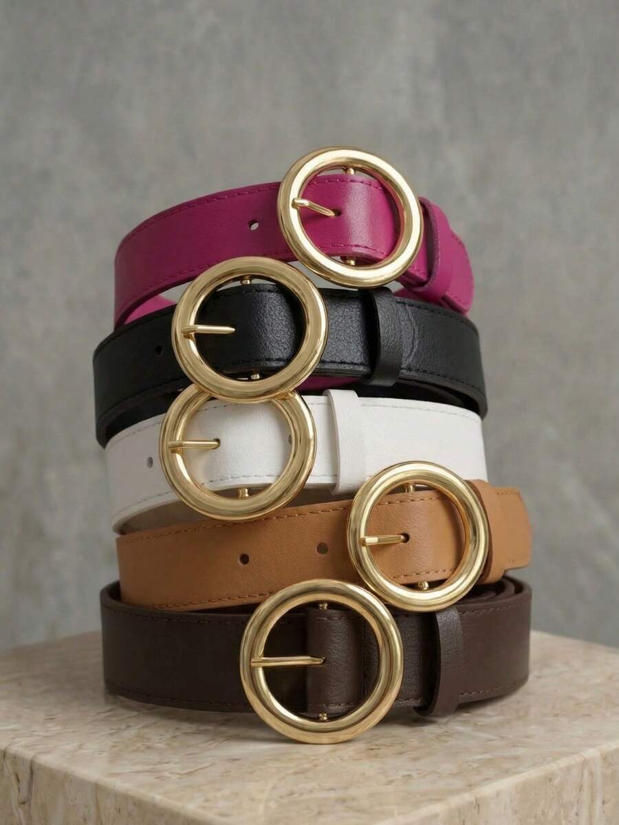 Women's Belt Set With Gold Metal Polka Dots, Synthetic Leather, Minimalist, Fashion Blogger Style, Unisex, Daily Use, Simple, Casual, 2024, Popular, Beautiful, Seasonal, Black, White, Brown, Caramel, Pink, Current Size, Stitched, Occasional, Versatile, Decorative, Vintage, 247 - 套件 5 件 - 查看 1