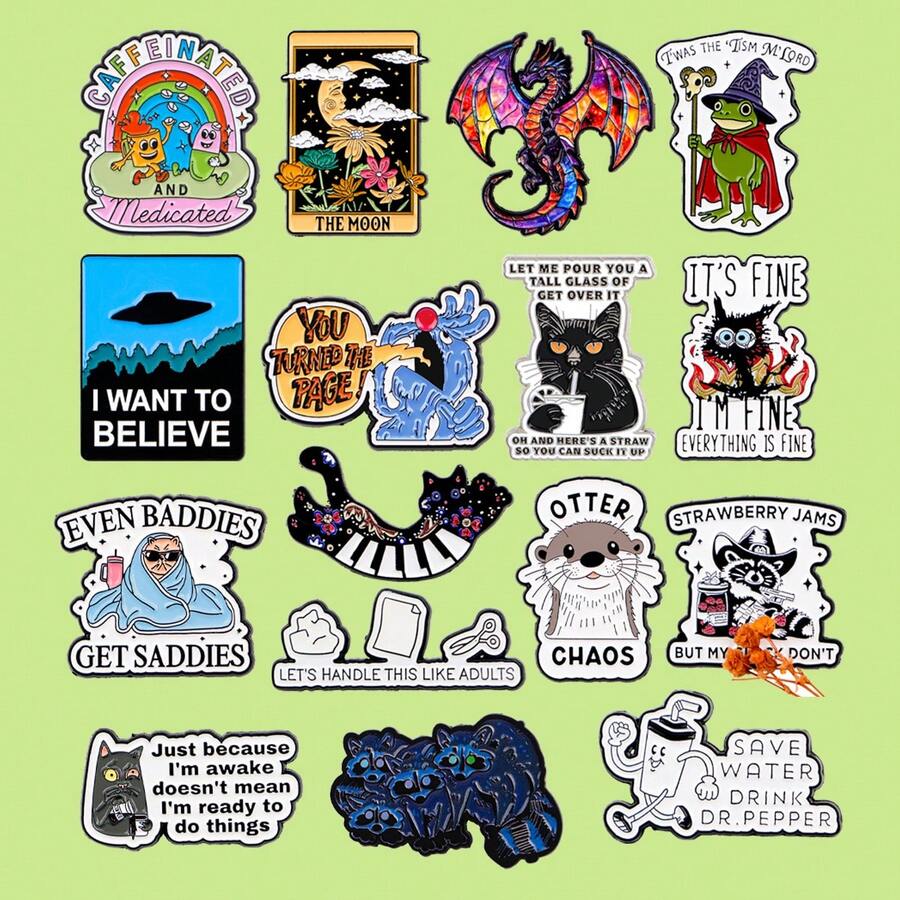 卡通动物猫浣熊水獭珐琅徽章趣味语录胸针翻领别针徽章背包服装配饰时尚珠宝朋友礼物 - 黑色 - 查看 1