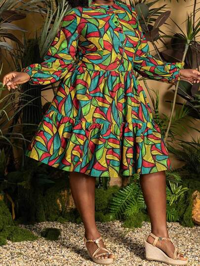 Faeriesty 大码优雅圆领长袖迷你连衣裙，印花修身款，适合婚礼宾客、伴娘伴郎、订婚派对、正式晚宴、专业摄影等场合。