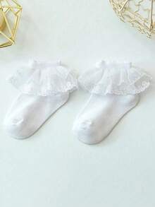 5 Pairs Girls Lace Trim Solid Color Ankle Socks, Princess Style Socks Suitable For Toddlers And Big Kids - White - View 4