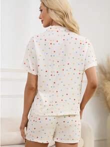 2pcs Women's Spring/Summer Pajama Set, Minimalist & Fashionable Sleepwear Set, Printed Button-Up Cardigan Short Sleeve Pocket Pajama Top And Shorts - Beige - View 8