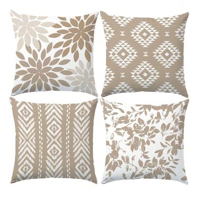 Bộ 4 vỏ gối họa tiết hình học phong cách Bohemian | Chất liệu polyester màu nâu, có khóa kéo, phù hợp cho phòng khách và phòng ngủ, có thể giặt máy (không bao gồm ruột gối)