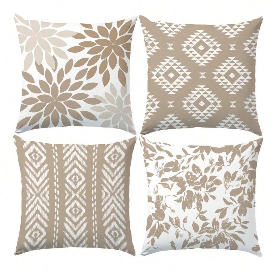 Bộ 4 vỏ gối họa tiết hình học phong cách Bohemian | Chất liệu polyester màu nâu, có khóa kéo, phù hợp cho phòng khách và phòng ngủ, có thể giặt máy (không bao gồm ruột gối) - 4pcs - Xem 1