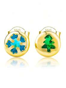 1 Pair Elegant, Fashionable, Unique 925 Sterling Silver Earrings, Inlaid With Synthetic Zirconia, Featuring Snowflake, Christmas Tree, Heart And Reindeer Patterns, Suitable For Women To Attend Holiday Parties And Banquets, Also Can Be Used As Christmas Gifts - Gold - View 10