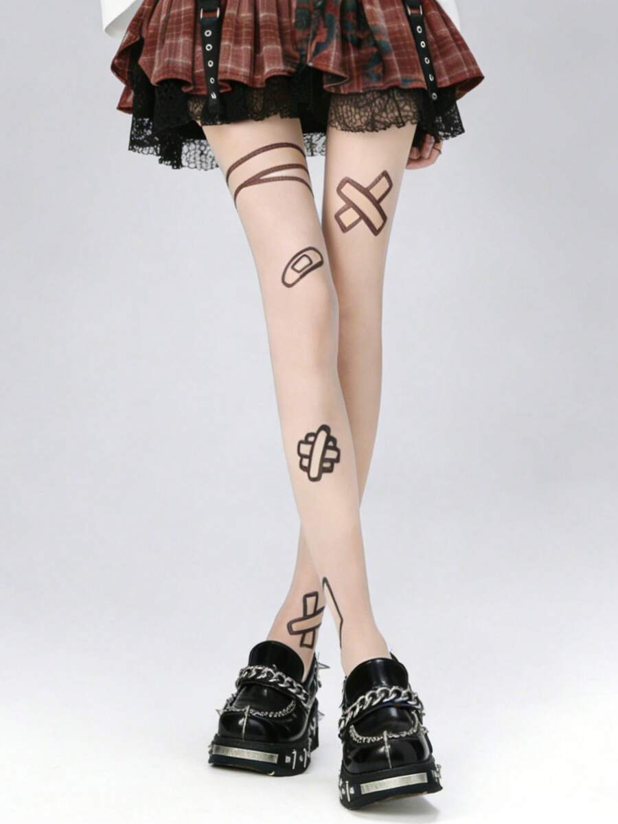 1双女士可爱卡通印花透明尼龙连裤袜，超薄透明朋克风丝袜，街头时尚腿部服饰，适合日常和派对造型 - 彩色 - 查看 1