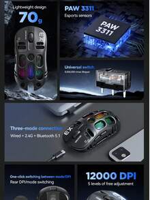 三模式人体工学RGB游戏鼠标，机械式竞技游戏鼠标，三种连接方式，适用于笔记本电脑/PC - 查看 3