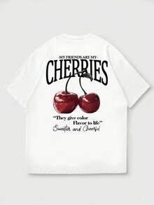 FRACTYR 男士夏季休闲街头时尚宽松樱桃印花圆领短袖T恤 - 白色 - 查看 4